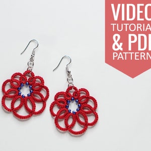 Needle tatting PDF pattern & video tutorial of dark-red earrings with blue seed beads. Detailed diagram, written instructions, and video