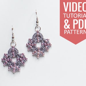 Needle tatting PDF pattern & video tutorial of grey earrings with purple seed beads. Detailed diagram and written instructions
