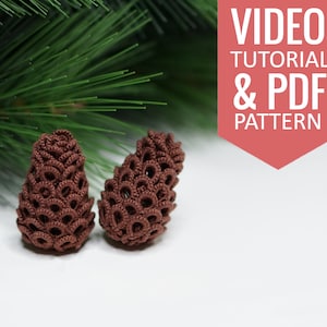 Needle tatting PDF pattern & video tutorial of pine cone. Christmas decoration. Detailed diagram, written instructions, video