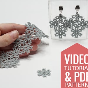 Needle tatting PDF pattern & video tutorial of lace earrings, bracelet, choker. Detailed diagram, written instructions, step-by-step video