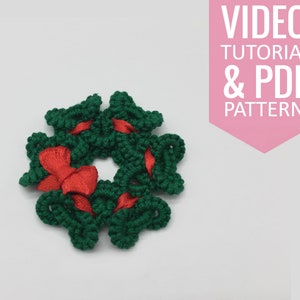 Needle tatting PDF pattern & video tutorial of Christmas wreath (earrings, brooch, pendant). Detailed diagram and written instructions