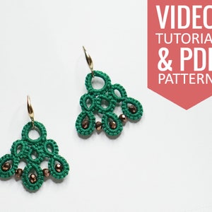 Needle tatting PDF pattern & video tutorial of earrings with crystal beads. Detailed diagram, written instructions, video tutorial