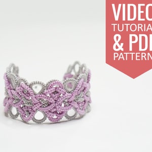 Needle tatting PDF pattern of grey & purple multi-layered lace bracelet. Detailed diagram, written and video instructions