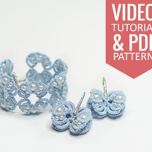 Needle tatting PDF pattern & video tutorial of bracelet and earrings with pearl beads. Detailed diagram, written instructions, and video