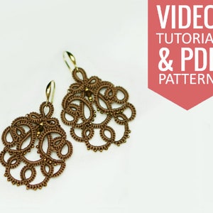 Needle tatting PDF pattern & video tutorial of lace earrings with seed beads. Detailed diagram, written instructions, and video