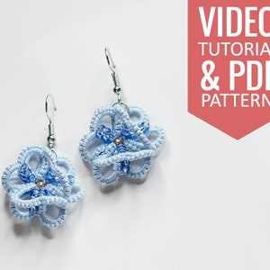 Needle tatting PDF pattern & video tutorial of light-blue earrings with blue seed beads. Detailed diagram and written instructions