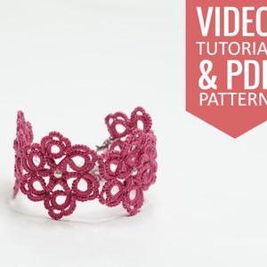 Needle tatting PDF pattern & video tutorial of lace bracelet with pearl beads. Detailed diagram, written instructions, and video