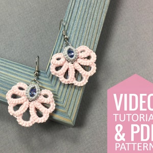 Needle tatting PDF pattern & video tutorial of light pink earrings with crystal beads.Detailed diagram, written instructions, video tutorial