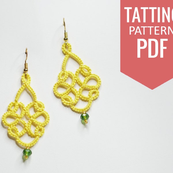 Needle tatting PDF pattern of yellow earrings with green crystal rondelle bead and seed beads. Detailed diagram and written instructions