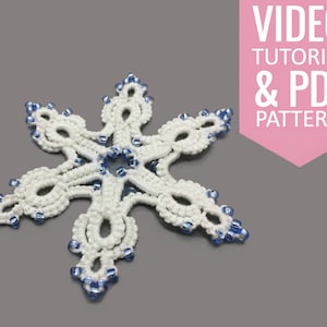 Needle tatting PDF pattern & video tutorial of snowflake with beads (earrings, brooch, pendant). Detailed diagram and written instructions