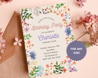 May include: A floral birthday party invitation for Charlotte's fourth birthday. The invitation features a colorful floral border with a purple starburst shape in the corner that says "FOR ANY AGE!" The text on the invitation reads "Please join us for a Birthday Party to celebrate Charlotte turning four! Sunday, February 19th 5pm-8pm Dinner & Games 123 Sesame St. RSVP 555-555-5555"