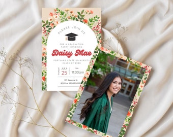 May include: Graduation party invitation with a floral border and a photo of a graduate in a green gown. The invitation says "Please join us for a graduation party honoring Daisy Mae, Portland State University, Class of 2020. Thursday, July 25, 11:00 am, 123 Sesame St, RSVP at 555-555-5551."