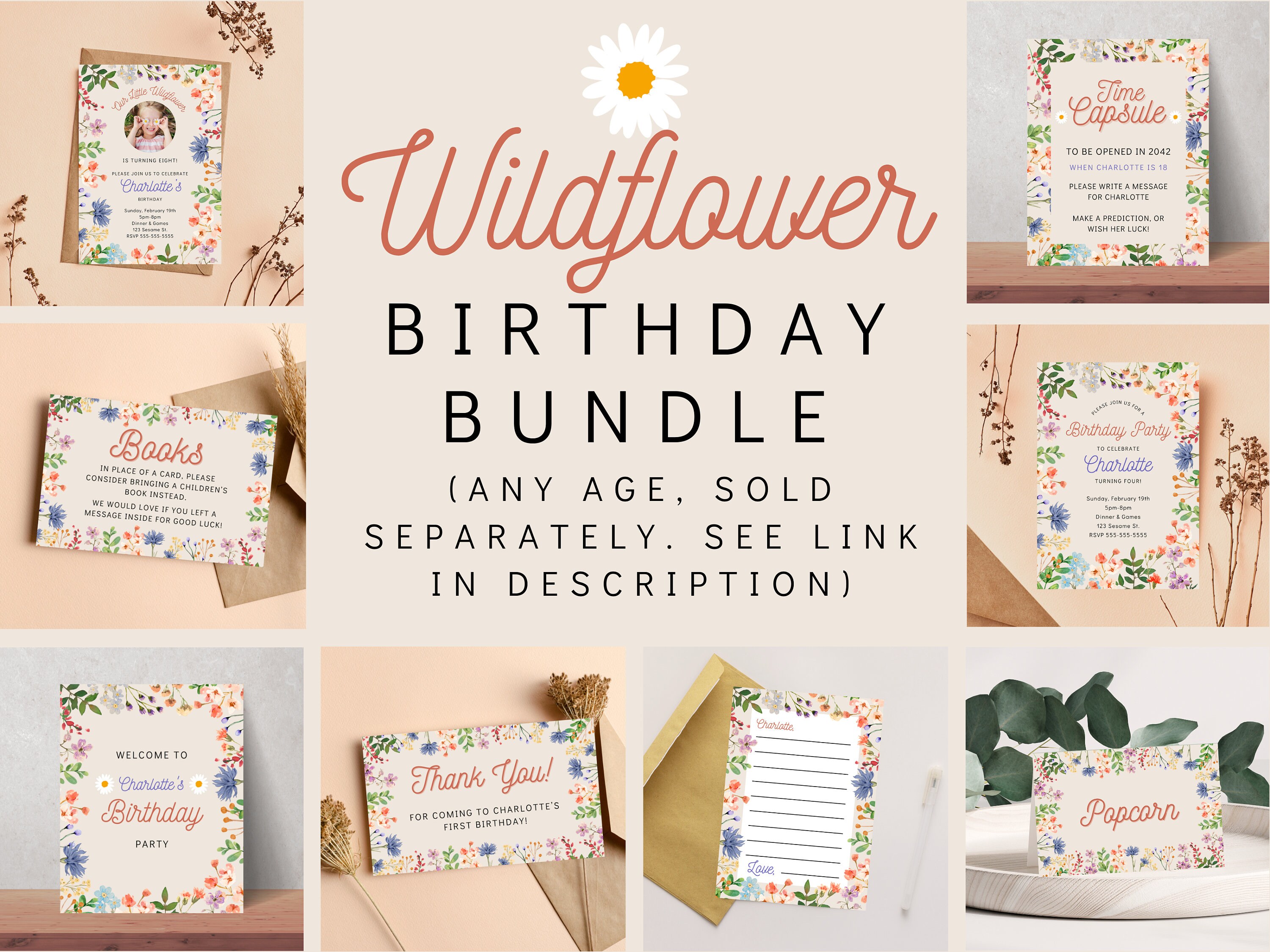 Wild One Wildflower Girl Birthday Bundle | Instant Download | Editable ...