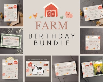 May include: A printable farm-themed birthday party bundle with a red barn, animals, and text that says "Farm Birthday Bundle". The bundle includes invitations, thank you cards, a welcome sign, a book request card, and a pin the tail on the cow game.