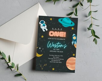 First Trip Around The Sun Space Themed Birthday Invitation | Instant Download | Editable Template