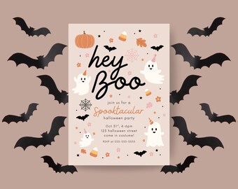May include: A Halloween party invitation with the words "hey Boo" in black script. The invitation features a pumpkin, ghosts, bats, and candy corn on a light pink background. Black bat cutouts surround the invitation.