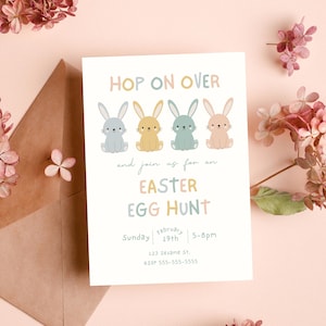 May include: An Easter-themed invitation card with the text "Hop on Over" and "Easter Egg Hunt." The card features four cartoon bunnies in pastel colors. The invitation includes the date, time, and location details, set against a soft pink background with floral accents.