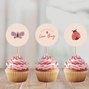 Puede incluir: Tres cupcakes con glaseado rosa y chispas de colores. Cada cupcake tiene un adorno redondo con un diseño diferente: una mariposa, el texto "Our Little Love Bug" y una mariquita. Los cupcakes están sobre una superficie de madera.