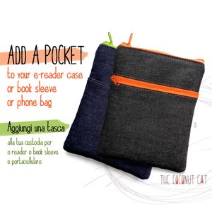 Add a pocket to your book sleeve or e-reader case, zipper pocket for ereader pouch or tablet sleeve, bookish gift for book lover
