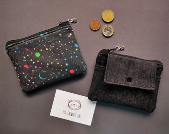 Portefeuille noir avec étoiles et planètes, petit porte-monnaie en tissu pour cartes de crédit, porte-cartes et porte-monnaie compact avec fermeture éclair