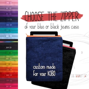 Padded Kobo sleeve with zipper, black or blue case for Libra Colour 2 H2O, Clara BW 2E, Forma, Sage, Nia, Aura One HD H2O, Touch, Glo, Mini