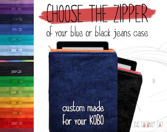 Padded Kobo sleeve with zipper, black or blue case for Libra Colour 2 H2O, Clara BW 2E, Forma, Sage, Nia, Aura One HD H2O, Touch, Glo, Mini