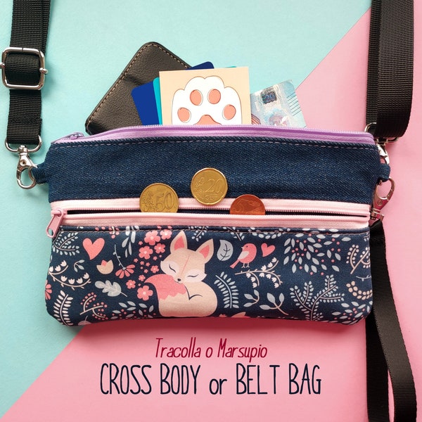 Cross body wallet with a fox, fabric belt bag for women, ladies wallet for travel, vegan small waist bag or phone pouch, fox lover gift