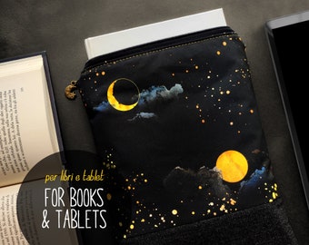 Book sleeve and tablet case with zipper, iPad Mini case with crescent moon, zippered booksleeve, book protector book pouch, book lover gift