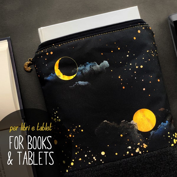 Book sleeve and tablet case with zipper, iPad Mini case with crescent moon, zippered booksleeve, book protector book pouch, book lover gift