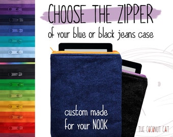 Padded Nook sleeve with zipper, black or blue denim case for Nook Glowlight Plus 6" and 7.8", Nook Glowlight 4 4E and 4 Plus, Nook Color