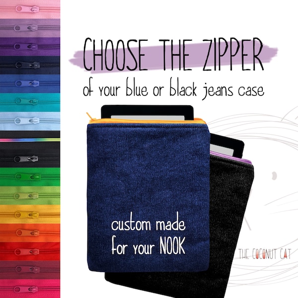 Padded Nook sleeve with zipper, black or blue denim case for Nook Glowlight Plus 6" and 7.8", Nook Glowlight 4 4E and 4 Plus, Nook Color