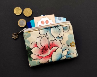 Coin pouch with zipper, handmade coin purse with camellia flowers, change pouch, women pocket wallet, cute mini change purse