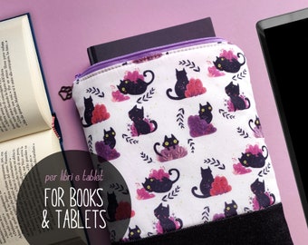 Booksleeve with zipper, tablet sleeve with black cats, iPad Mini pouch, Kindle Fire, Samsung Galaxy Tab, Kobo Aura One case, manga sleeve