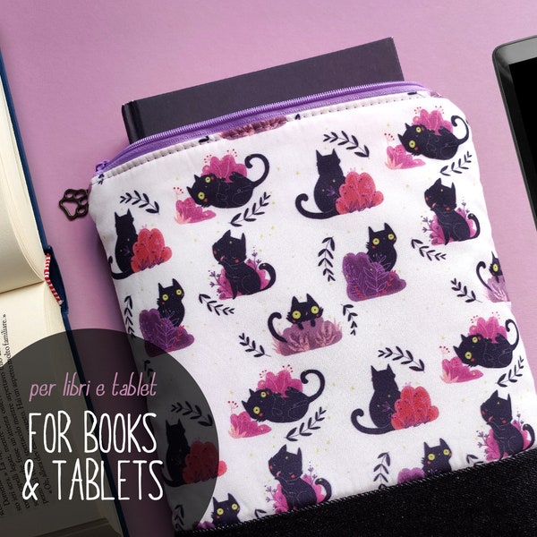 Book sleeve e custodia tablet con gatti neri, portalibri con cerniera, cover per iPad Mini, Kobo Aura One Kindle Fire Nook Color Galaxy Tab