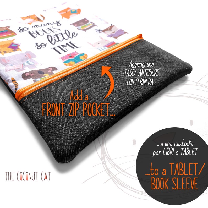 Ajoutez une poche à votre étui de liseuse ou à votre pochette de livre, une poche zippée pour un support de livre ou un étui pour tablette, des accessoires de livre Booksl. front zip p.