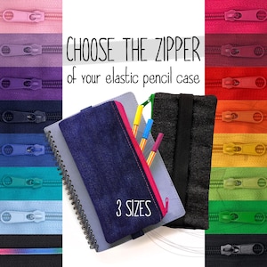 Elastisch etui van zwart of blauw denim, denim etui voor A5- en A4-agenda's, stoffen etui voor potloden en pennen.