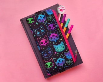 Étui journal avec élastique, porte-stylo avec chats, étui à crayons en tissu fin, cadeau professeur, ésotérisme magique d'Halloween