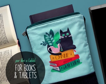 Booksleeve avec chat noir sur les livres, étui à livre ou tablette zippé, support de livre zippé, couverture iPad Mini Kindle Fire Galaxy Tab
