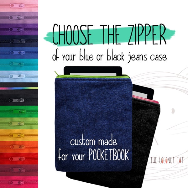 Gepolsterte Pocketbook-Hülle aus schwarzem oder blauem Denim mit Reißverschluss, Era Inkpad Color Lux Touch HD Lux Verse Pro Sense Pocketbook-Hülle