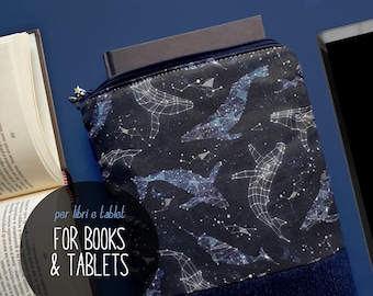 Book sleeve or tablet sleeve with whales and stars, book pouch with zipper, zippered booksleeve, iPad Mini or book case with constellations