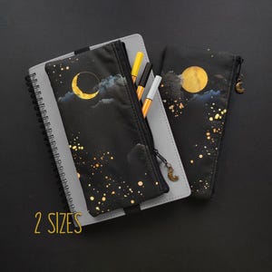 Etui met elastische bandjes in de vorm van een volle maan, zwart etui, slank stoffen etui, cadeau voor leraren