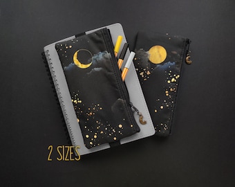 Elastic zipper pouch for planner with full moon, black pencil case, journal pouch, pen case for teacher, planner accessories