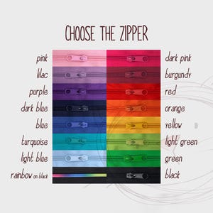 K&ouml;nnte beinhalten: Abbildung mit einer Auswahl an Rei&szlig;verschl&uuml;ssen in verschiedenen Farben, darunter Rosa, Lila, Blau und Gr&uuml;n. Der Text "CHOOSE THE ZIPPER" steht oben. Jeder Rei&szlig;verschluss wird mit seinem entsprechenden Farbnamen angezeigt.