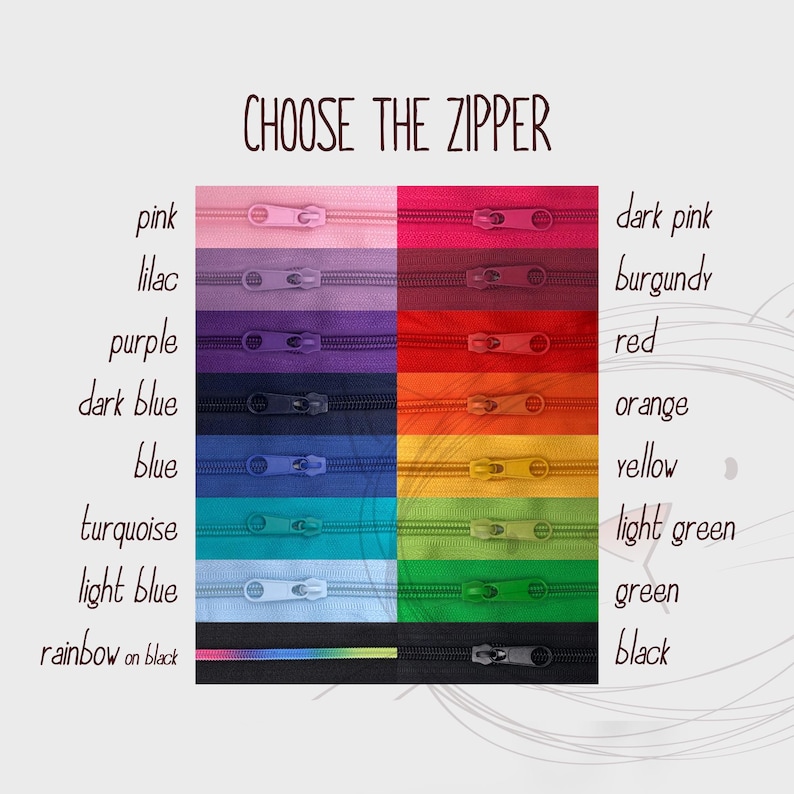 K&ouml;nnte beinhalten: Abbildung mit einer Auswahl an Rei&szlig;verschl&uuml;ssen in verschiedenen Farben, darunter Rosa, Lila, Blau und Gr&uuml;n. Der Text "CHOOSE THE ZIPPER" steht oben. Jeder Rei&szlig;verschluss wird mit seinem entsprechenden Farbnamen angezeigt.