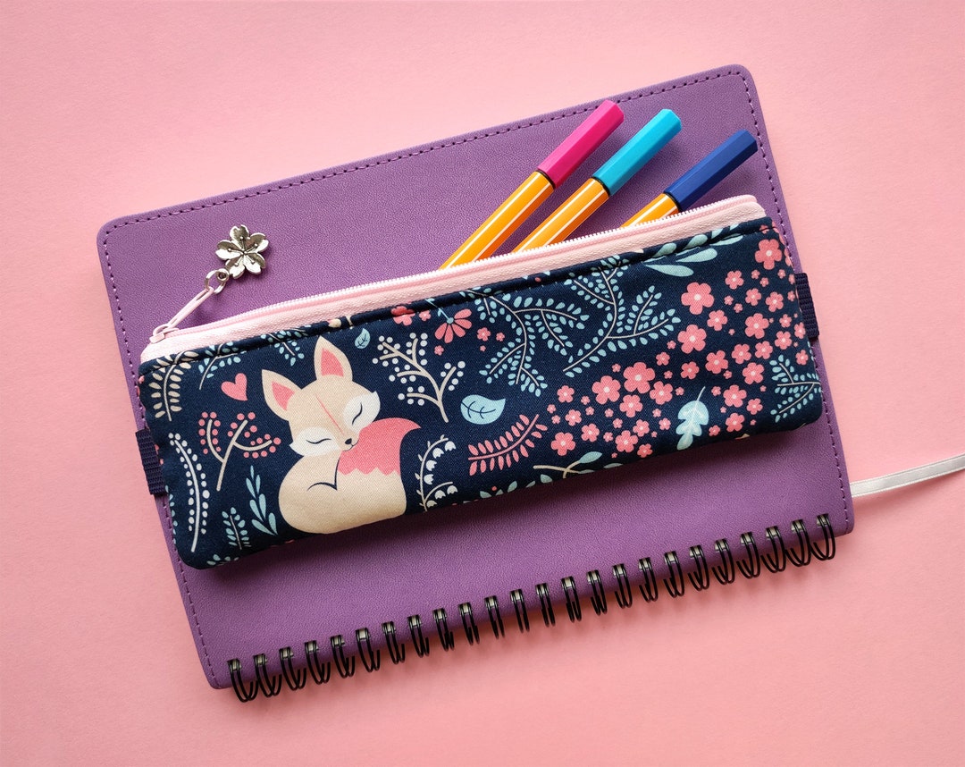Mini Pencil Case With With Fox and Flowers, Elastic Pencil Pouch, Small
