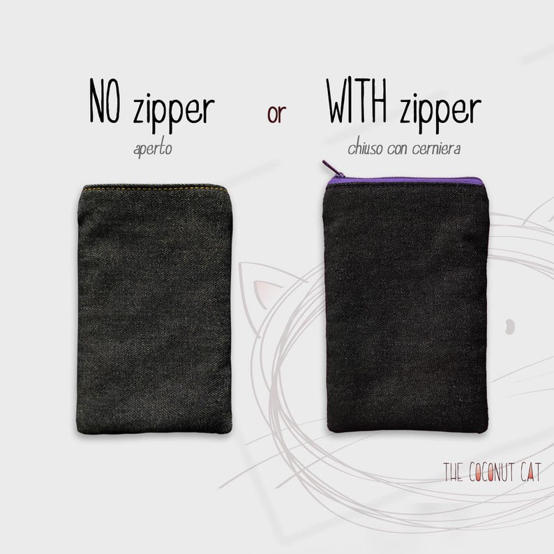 K&ouml;nnte beinhalten: Zwei dunkle Jeans-Pouches, einer ohne Rei&szlig;verschluss und einer mit lila Rei&szlig;verschluss. Der Text lautet "NO zipper" und "WITH zipper". Das Logo The Coconut Cat befindet sich unten rechts.
