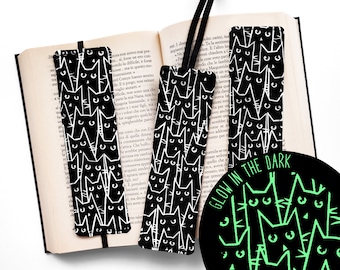 Marque-page en tissu avec des chats noirs phosphorescents, marque-page élastique, cadeaux pour les amoureux des livres, accessoires de livres, gadgets de lecture
