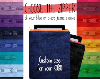 Kobo gepolsterte Denim-Tasche mit Reißverschluss; Schutzhülle für Libra Color 2 und H2O, Clara BW, Forma, Sage, Nia, Aura One und HD, Touch Glo Mini