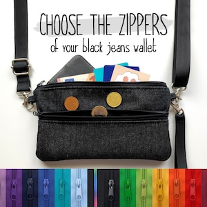 Portefeuille bandoulière en denim noir, pochette en tissu, portefeuille artisanal avec zip, petit sac pour téléphone portable avec zip