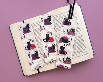 Marque-page en tissu kawaii fait à la main avec des chats noirs, marque-page élastique, accessoires de livres, gadgets de lecture, cadeaux pour les amateurs de livres
